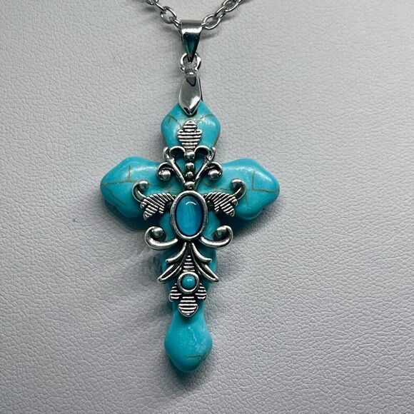 Turquoise Howlite Stone Cross Pendant Necklace Womens Casual Religious Jewelry - Picture 3 of 6